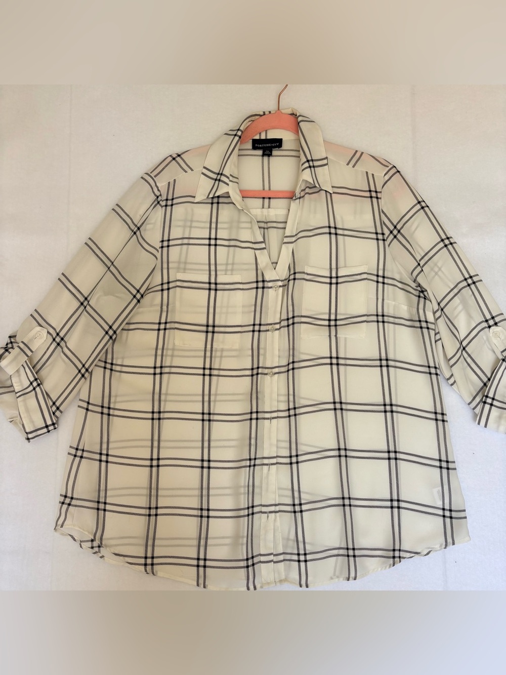 Fortune + Ivy Plaid Button Down Blouse XXL Sheer Lightweight Roll Tab Shirt